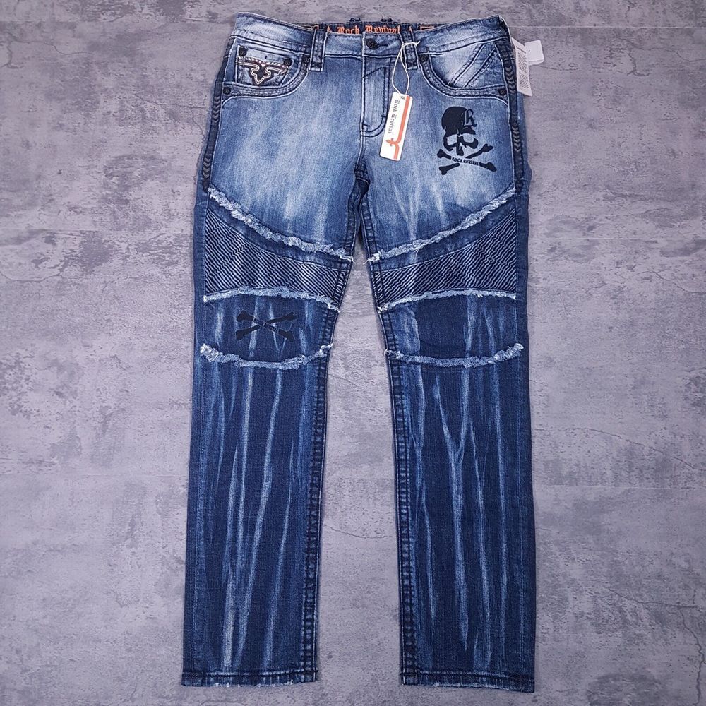 ROCK REVIVAL Montell Biker Tapered Distressed‎ Skull Jeans Mens 34x33 Blue